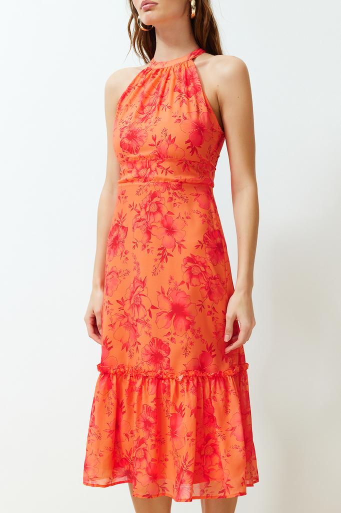 Women's Fashion New Dress Orange Floral Pattern A-Line Halter Neck Lined Midi Woven Dress
