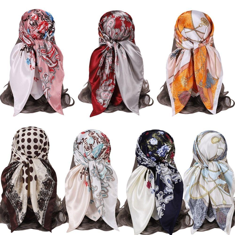 Silk Imitation Head Scarf 90x90cm Silk Scarves Trendy Hair Scarf Headband  for Women
