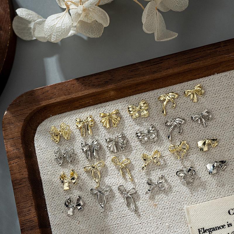 50Pcs Gold/Silver/White Metal Alloy Ribbion Bowknot Nail Charms 3D Luxury Metal Bow Manicure Parts Manicure Accessories