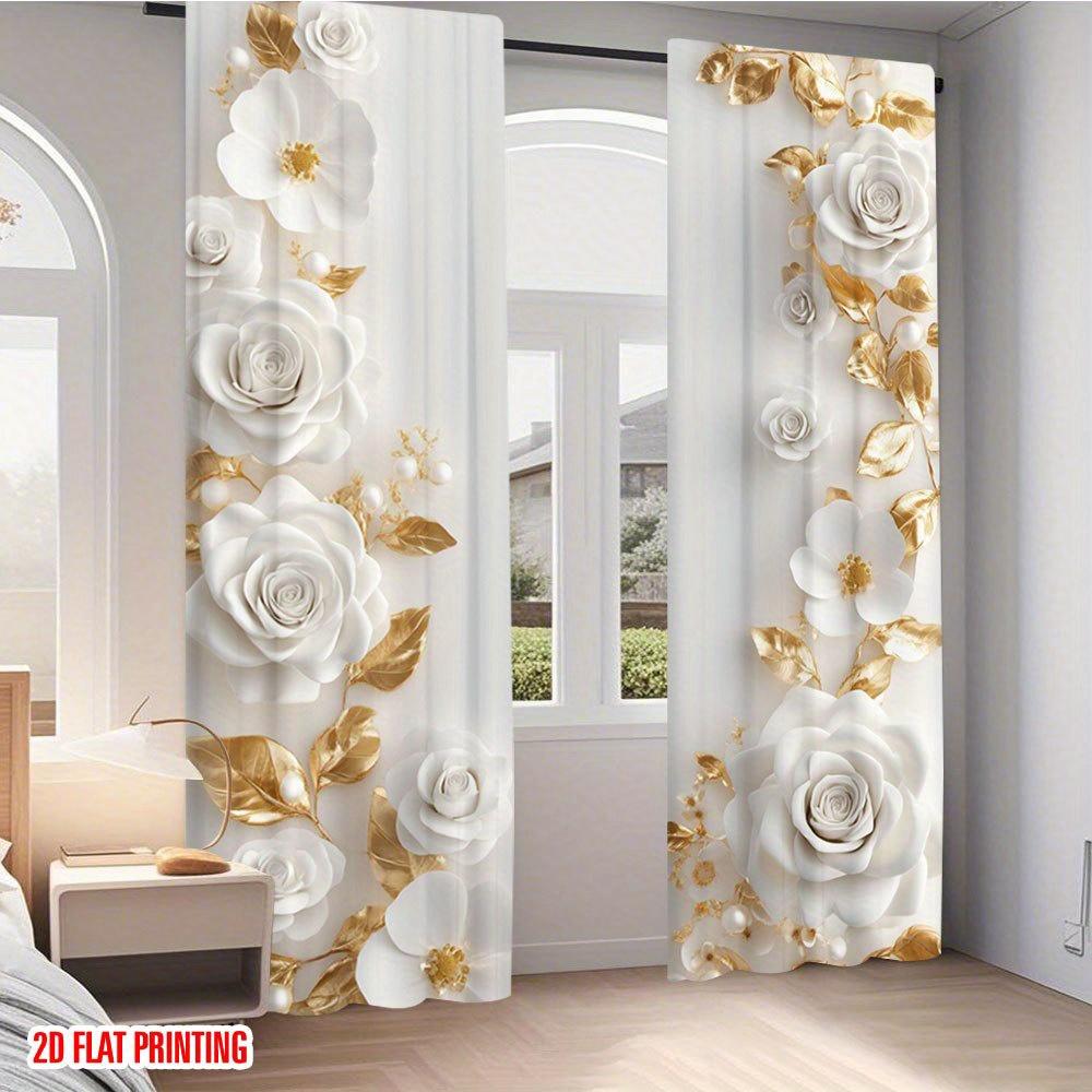 Set Of 2 Gold White Floral Curtains Design Living Room Office Bedroom Kitchen Elegant Made Polyester Area Window Treatment
