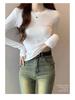Burgundy Spicy Girl Long Sleeve Slimming T-Shirt for Women - Straight Shoulder, Autumn/Winter Style.