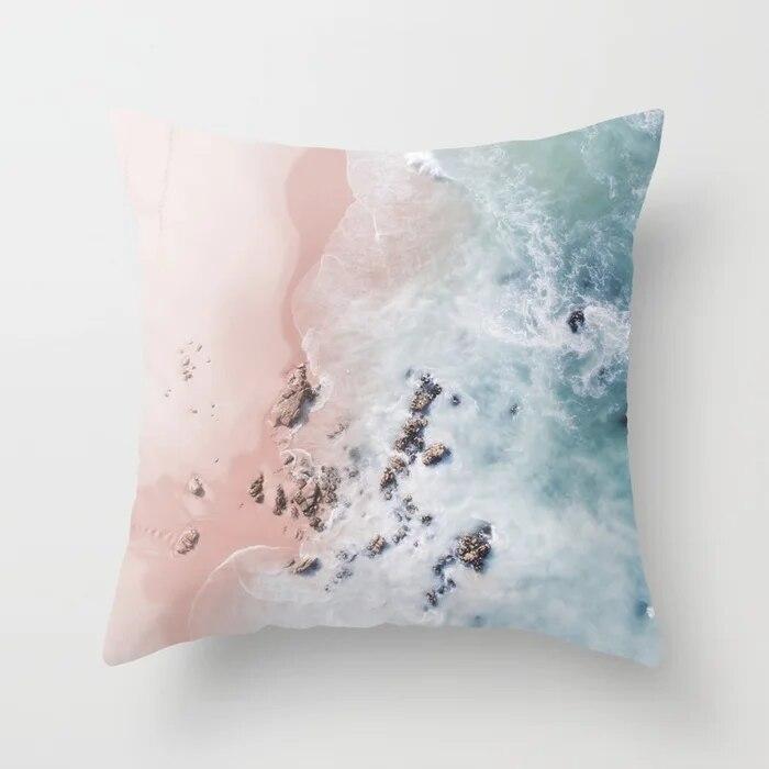 Summer Vacation Cushion Cover Pink Beach Wave Mountain Sofa Pillowcase Bedroom Home Car Office Accessories