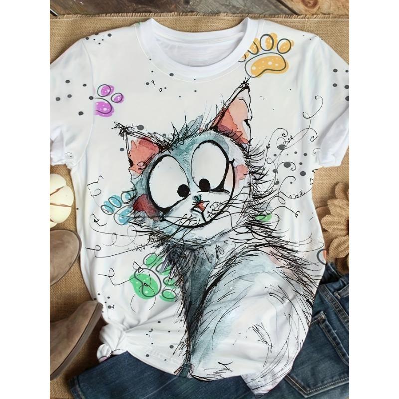 

Ladies casual short sleeved T-shirt - Fun cartoon cat paw print design, soft round neck top S