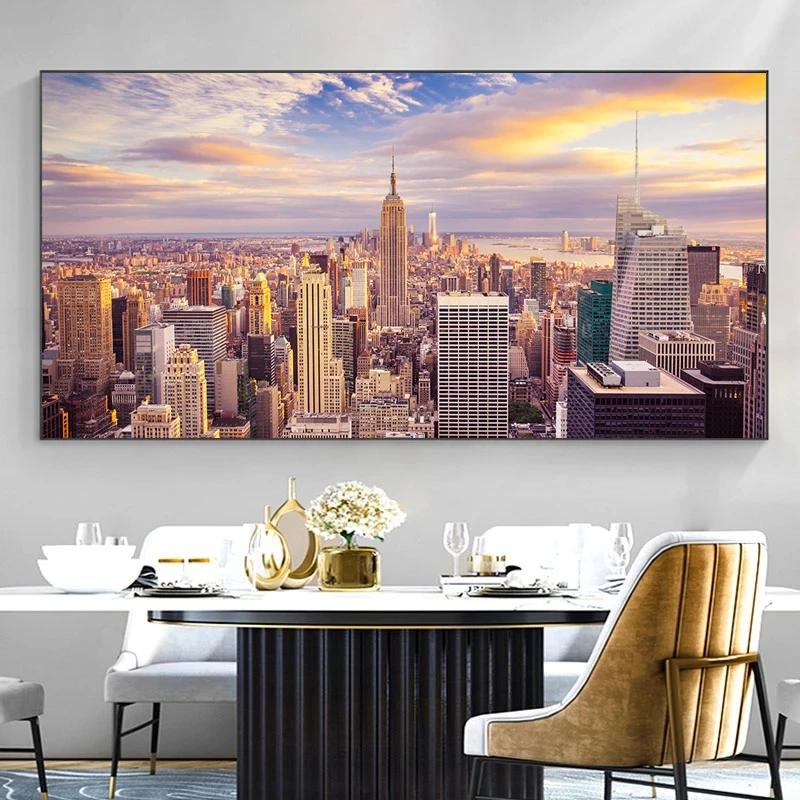 New York City Sunset And Night View Poster Canvas Painting Skline Manhattan Landscape Wall Art Pictures Living Room Home Decor