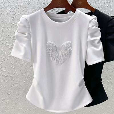 T-shirt Estiva da Donna con Maniche a Bolle Corte Slim-Fit Top con Fiocco Valorizzante