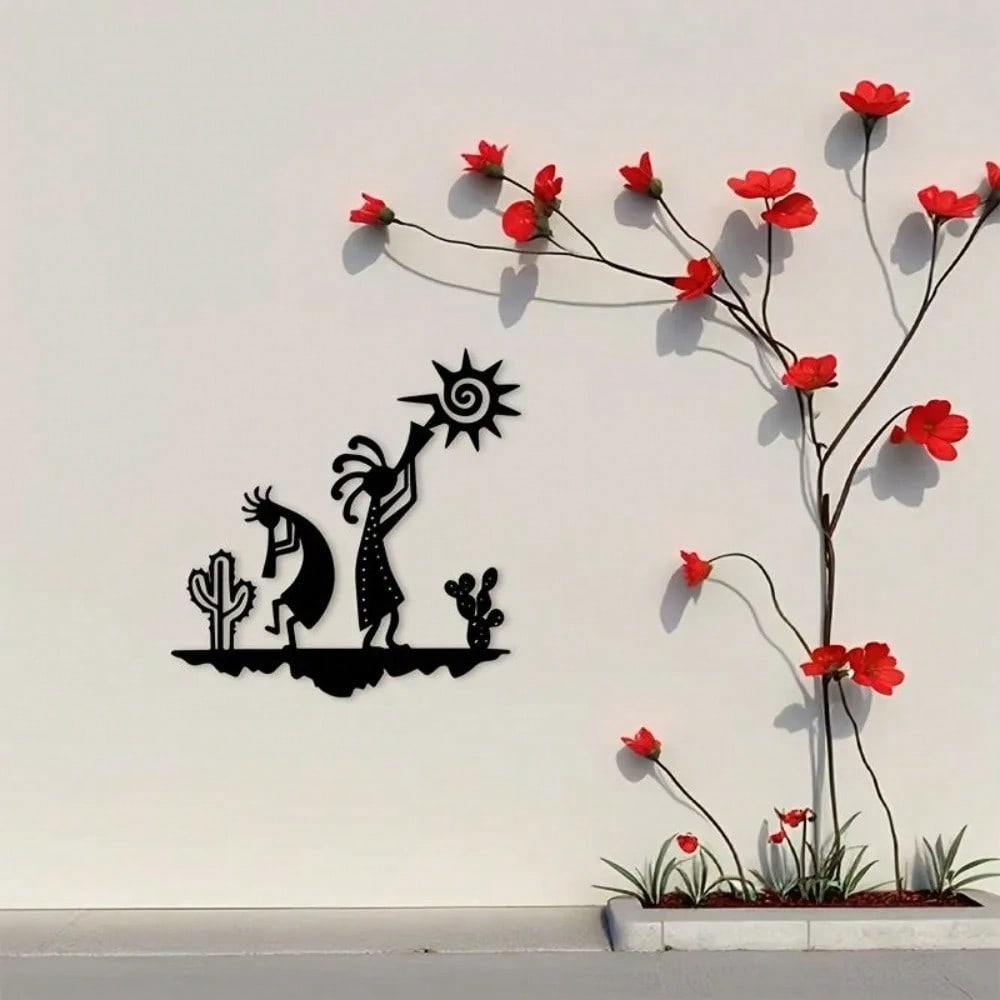 Metal Kokopelli Wall Art Black Flute Player Silhouette Decor for Home Garden Patio