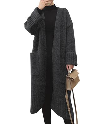 Bidason Evolved Long Knit Collarless with Warm Long Gray Women's Cardigan, Pockets, Stylish, Cute, Simple, Soft, Figure-Flattering, Slimming, Warm,