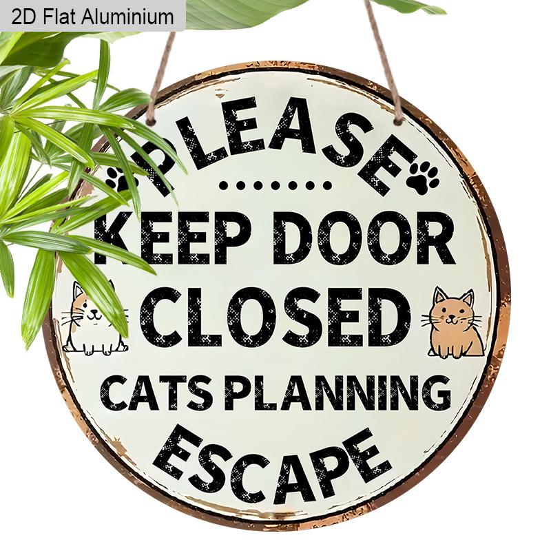 2D Flat Aluminum Cat Sign for Front Door, Keep Door Closed Sign for Home Front Door Wall Hanging Decor, Cat Warning Sign Decoration, Beware of Cat