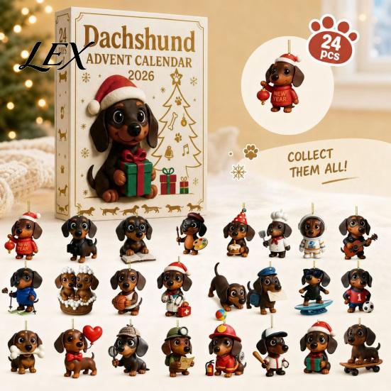 Christmas Tree Hanging Decoration 2026 Dachshund Advent Calendar with 24 Unique 2D Acrylic Ornaments, Festive Novelty Dog Gifts Countdown Box