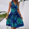 Vestido midi casual feminino primavera e verão, decote em V, sem mangas, cintura, estampa floral