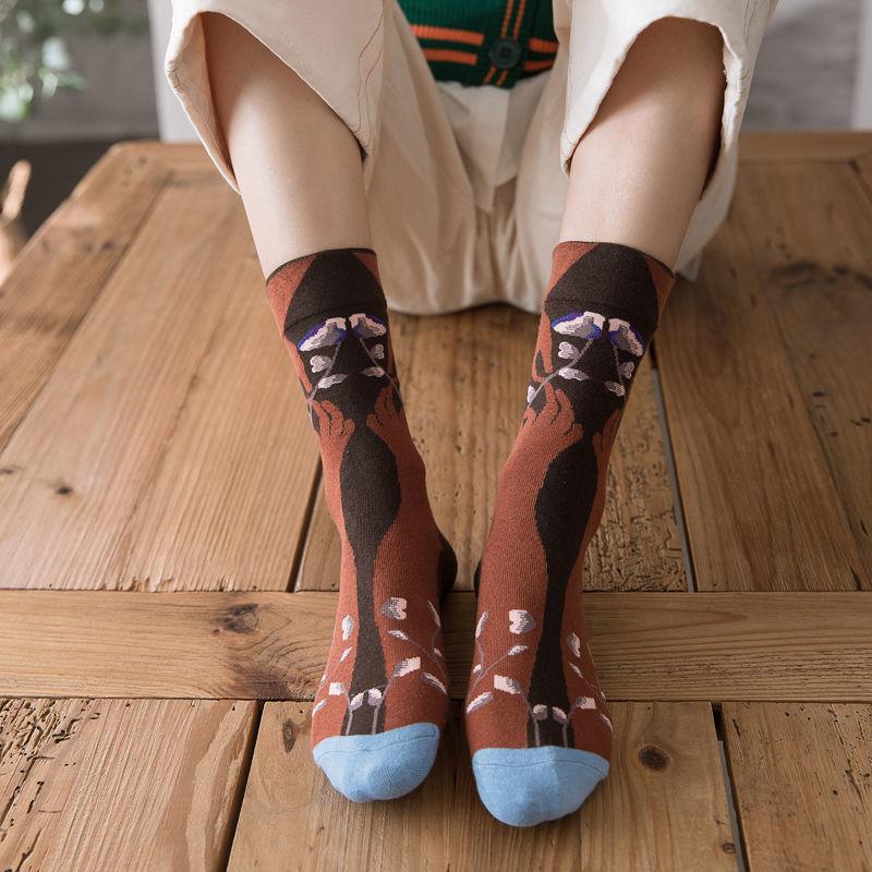 French Trendy Brand Niche Flower Socks Women'S Cotton Socks Medium Tube Street Fashion High-Top Couple Stockings Men