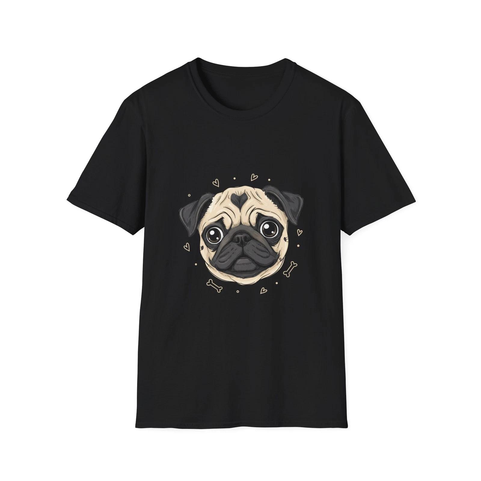Pug Dog Cute Illustrated Black Tee Kawaii Animal Graphic T-Shirt S