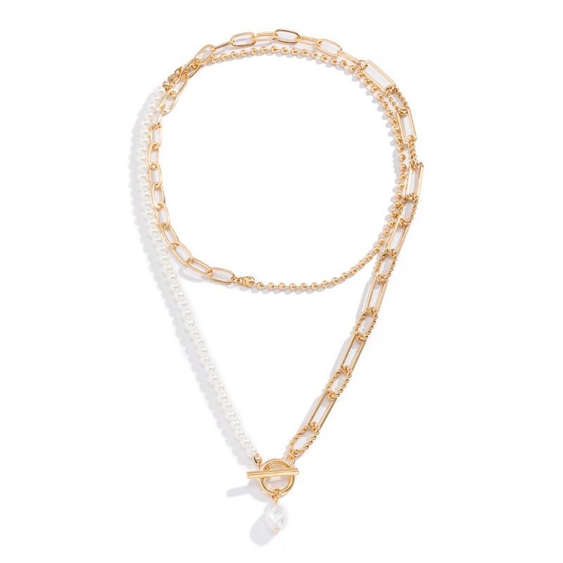 Fashionable Long Round Bead Chain Stacking Necklace Retro Style Personality Pearl Buckle Necklace