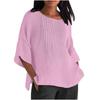 Seven Quarter Sleeve Pleated Round Neck Top Cotton and Linen Women’s Blouses & Shirts