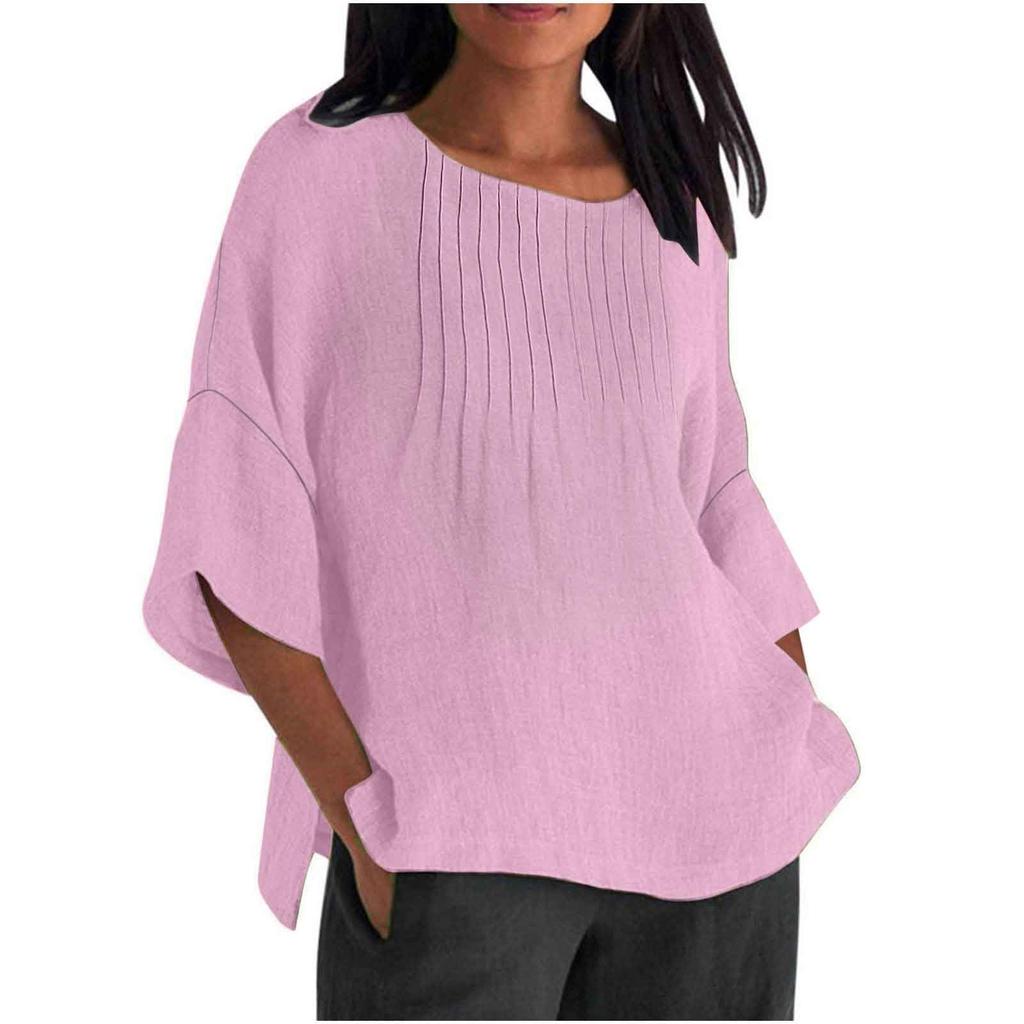Seven Quarter Sleeve Pleated Round Neck Top Cotton and Linen Women’s Blouses & Shirts