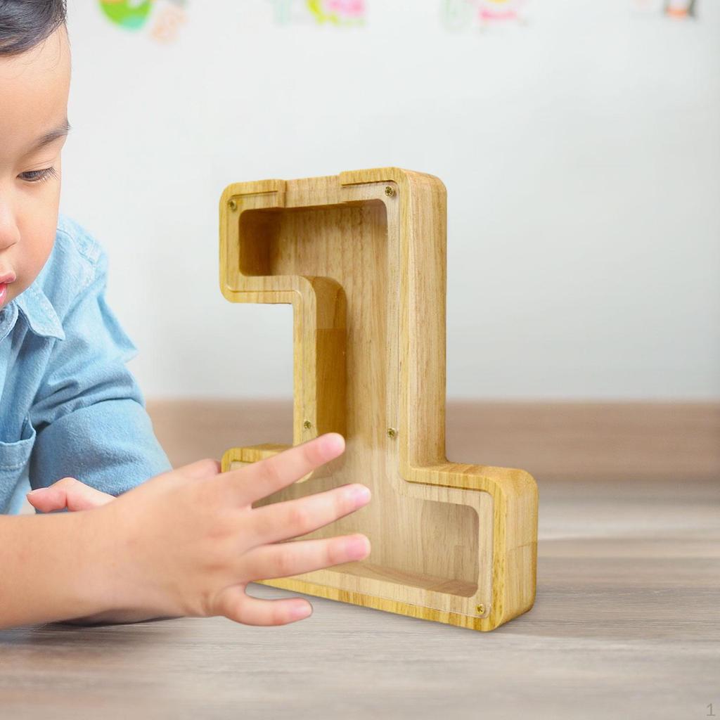 Wooden Piggy Bank Money Box Transparent Coin Saving for Boys Girls Kids