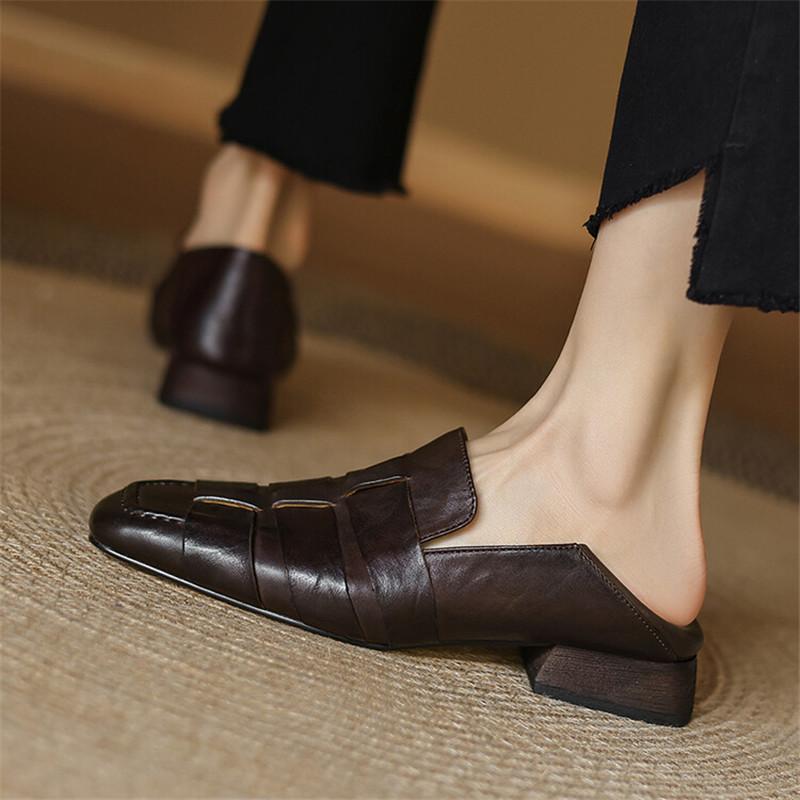 Fashion New Autumn Genuine Leather Women Pumps Fashion Square Toe Shoes for Women Chunky Heel Women Loafers Zapatos Mujer Low Heels