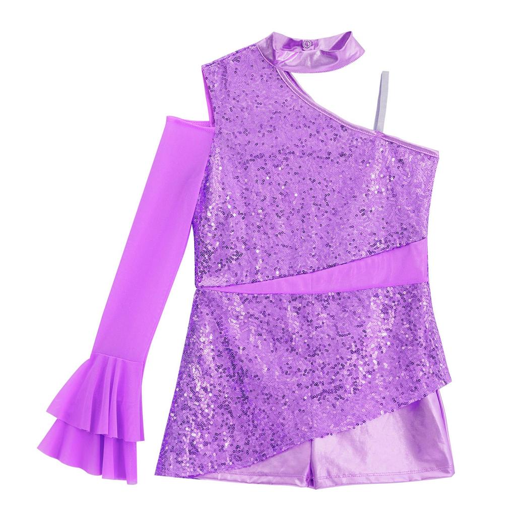 Mädchen Peplum Turnanzug Tanzkostüm Asymmetrisches Kalt-Schulter-Design mit transparenten Mesh-Rüschenärmeln Body