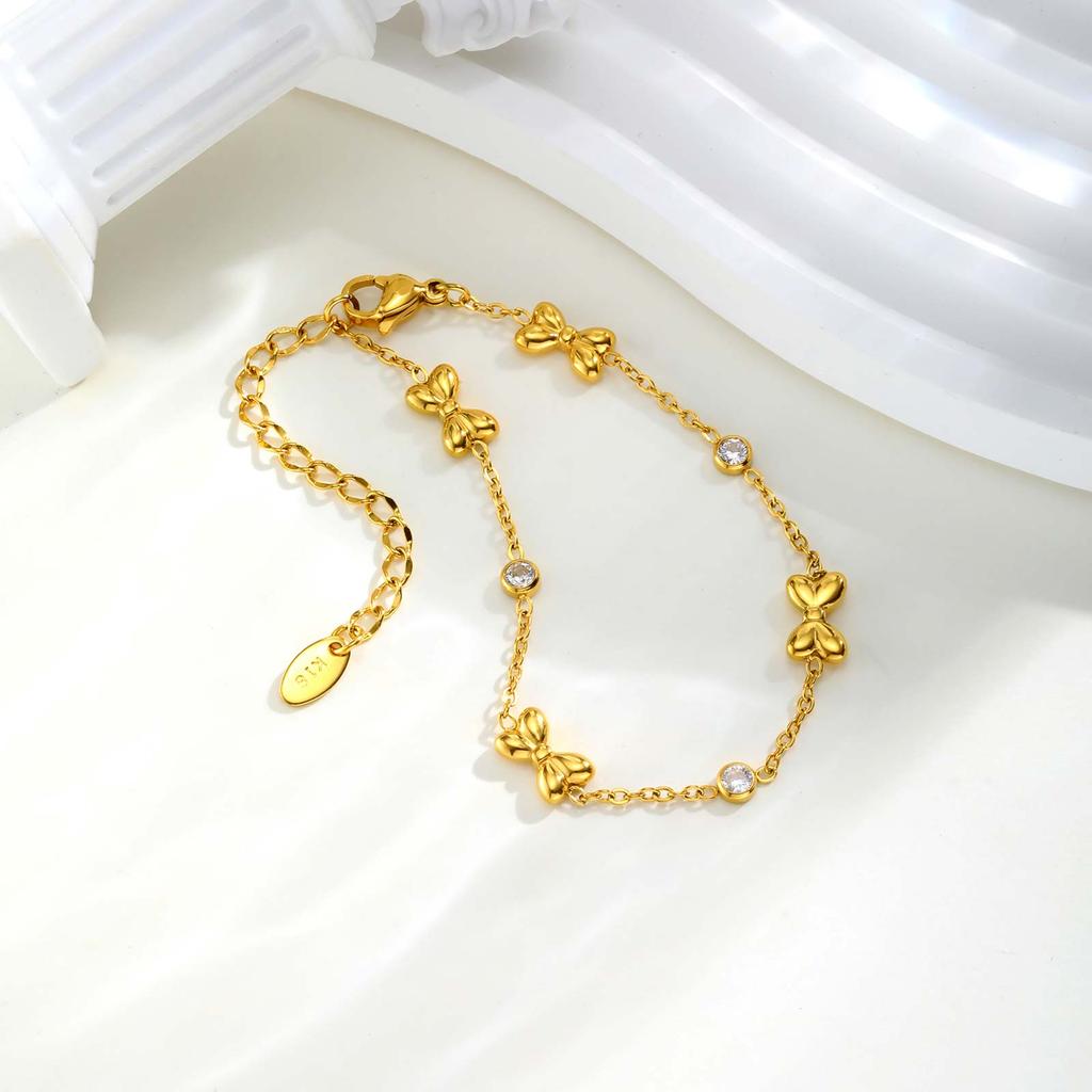 Exquisite Zircon Bowknot Stainless Steel Bracelet 18K Gold Plated Wrist Chain Fashion Party Waterproof Jewelry for Women Girl