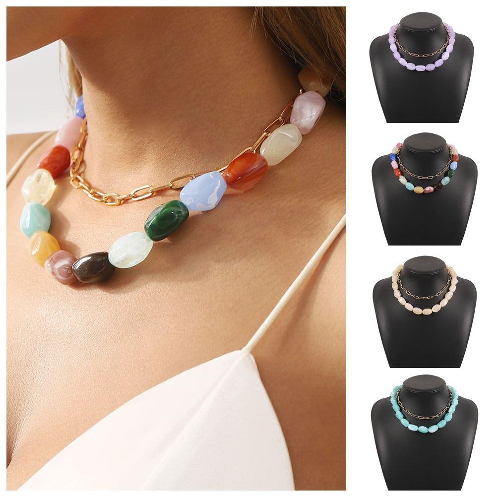 2Pcs/Set Bead Colorful Resin Necklace Multilayer Clavicle Chain Stone Beads Short Choker  Girls