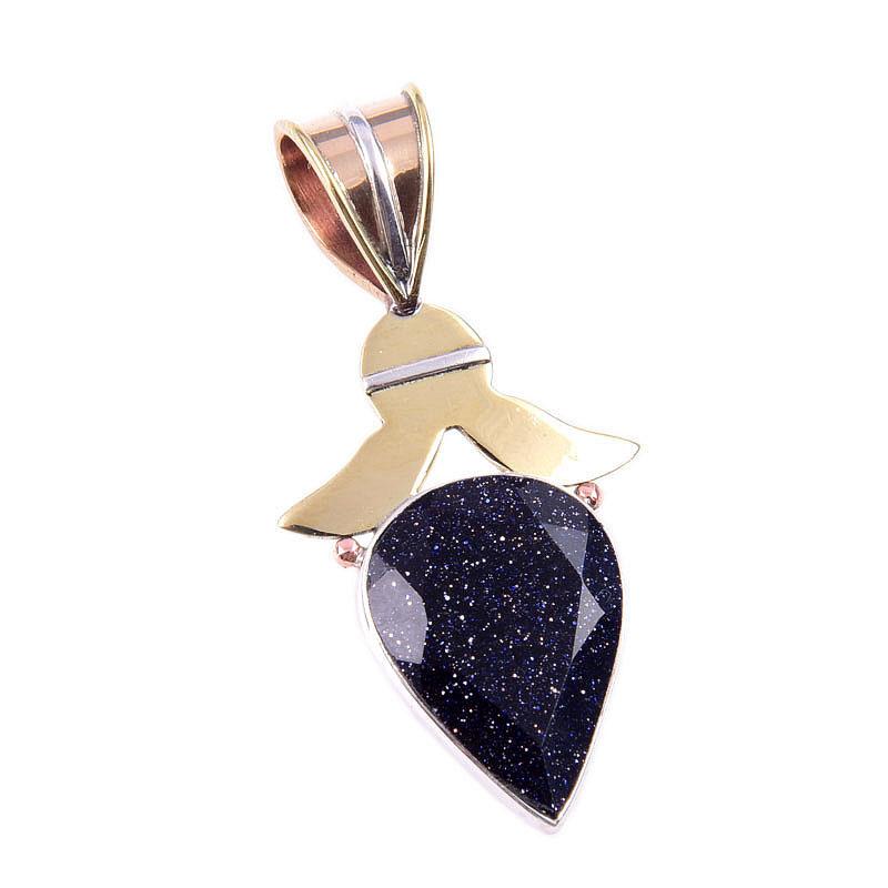 Natural Blue Sunstone 925 Solid Sterling Silver Gift TwoTone Pendant 1.50" P8t71