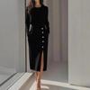 Elegantes Damen-Midikleid, Langarm Figurbetontes Bodycon-Kleid mit seitlichen Knöpfen und Schlitz, Business Casual Kleid für das Büro