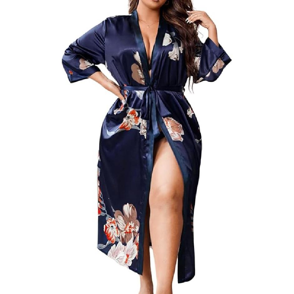 Women's Plus Size Valentines Robe, Sexy Satin Robe Long Sleepwear