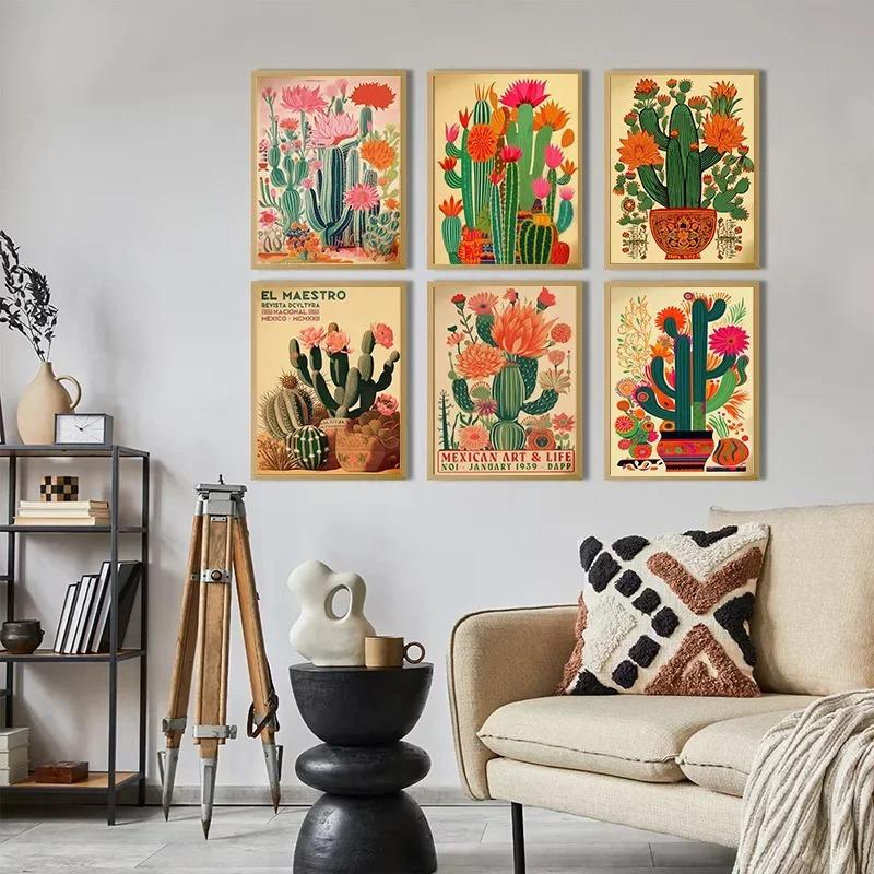 Vintage Mexican Cactus Posters Print Colorful Floral Aesthetic Art Canvas Painting for Modern Living Room Corridor Wall Decor