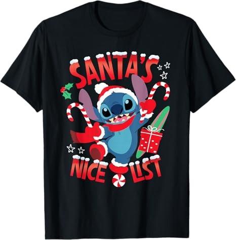 Stitch Christmas Santas Nice List Black TShirt S