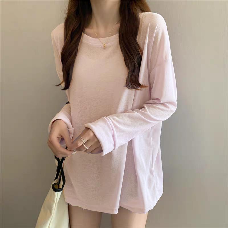 Summer Solid Long Sleeve T-shirts Women's Casual Loose Thin Slightly Transparent Sun Protection Cover Tops Tees Female