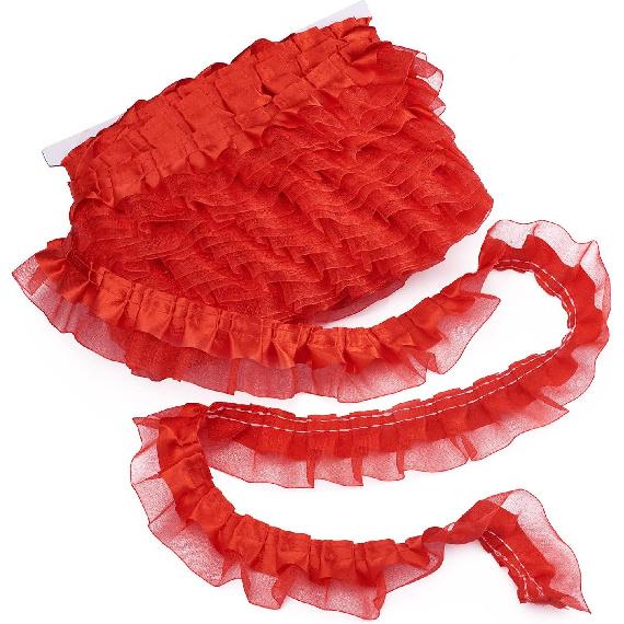 Pandahall 21.8 Yards Satin Organza Lace Edge Trim 2-Layer Gathered Ruffle Chiffon Ribbon 1-5/8 Inch Red Pleated Edging Trimmings Fabric for Cloth