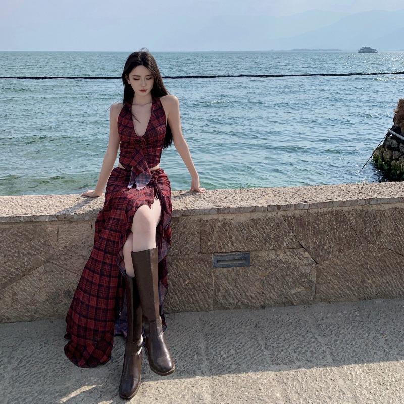 Vintage Red Plaid Butterfly Applique Lotus Leaf Edge Neck Top High Waist Slit Skirt Vacation Suit Women S