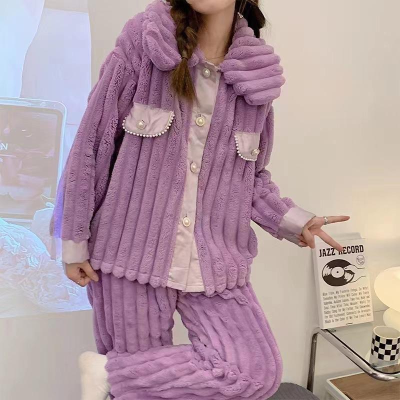 Nightgown Female Autumn and Winter Coral Velvet Thickened with Velvet Comfortable Loose Outside Wearing Long Pants Winter Warm Long Sleeve Long Suit