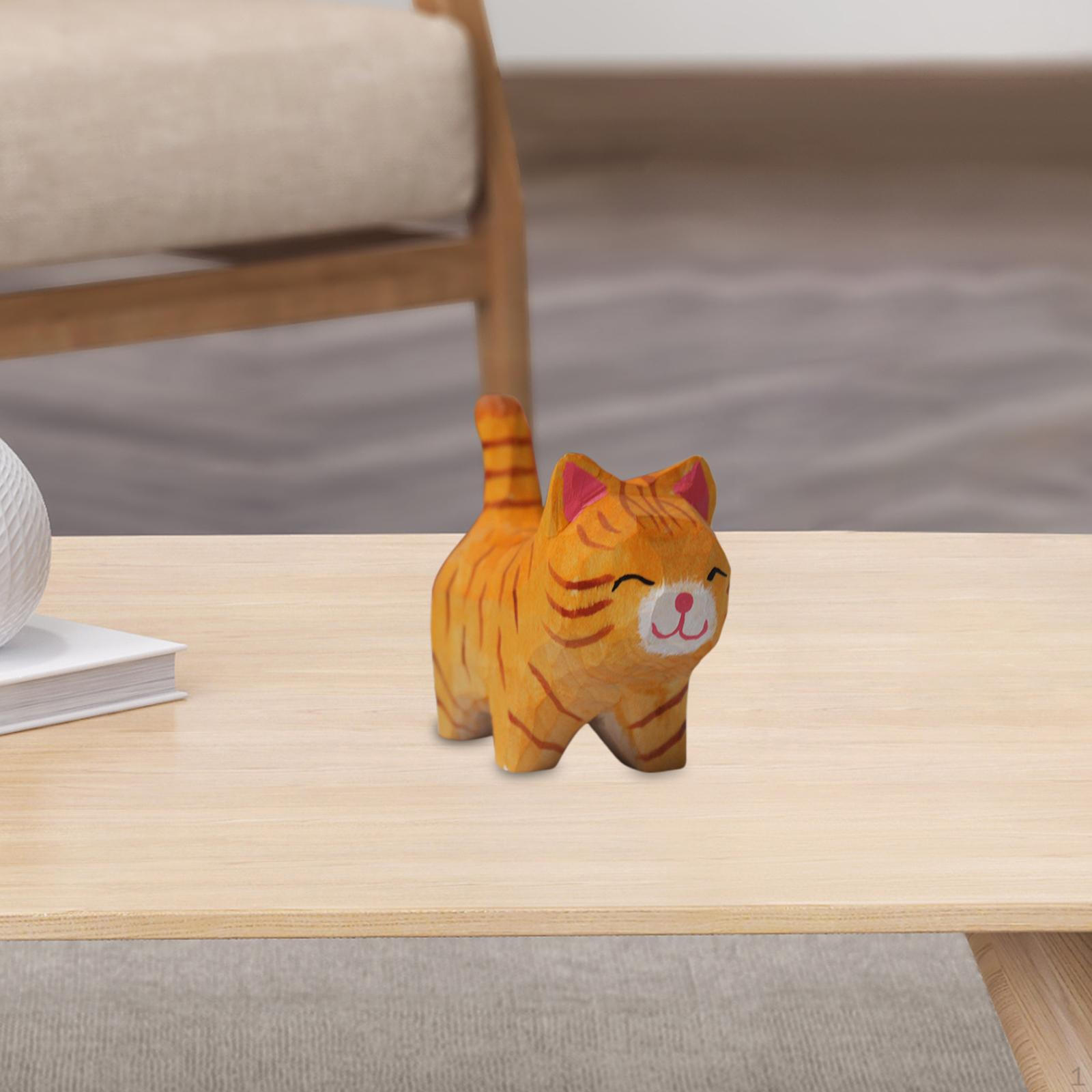 

Adorable Wood Carved Cat DIY Mini Centerpiece Handmade Figurine Animals Model Cute for Desk Kids D