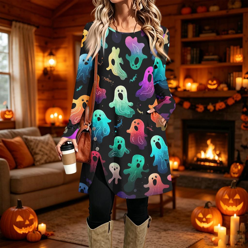 Women's Fashion Printed Round Neck Long Sleeve Dress for Casual Daily Wear