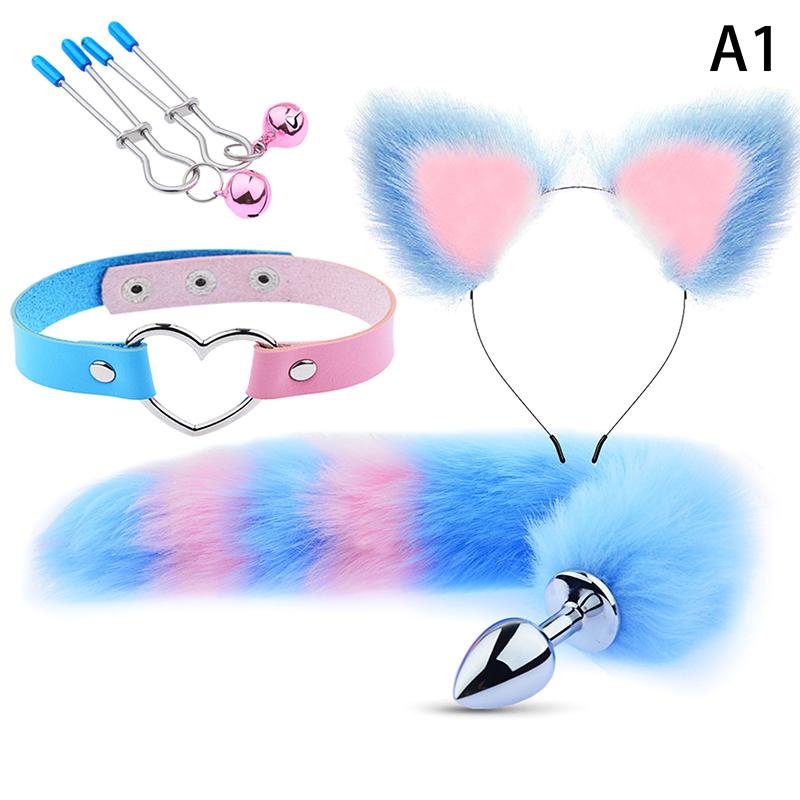 4Pcs Set Cute Fox Butt Tail Collar Anal Plug Nipple Clamp Soft Cat Ears Headbands Cosplay Adult Sex Toys Accessories