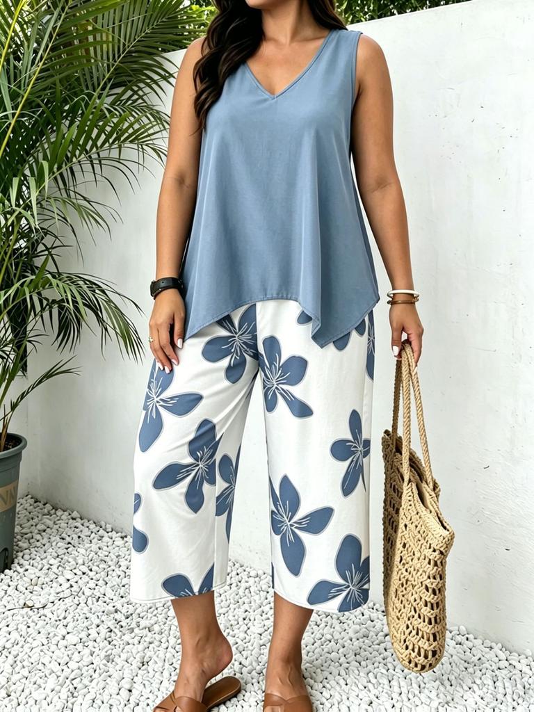 European and American cross-border TK Amazon Temu hot sale 2026 summer sleeveless V-neck top wide-leg cropped pants two-piece set