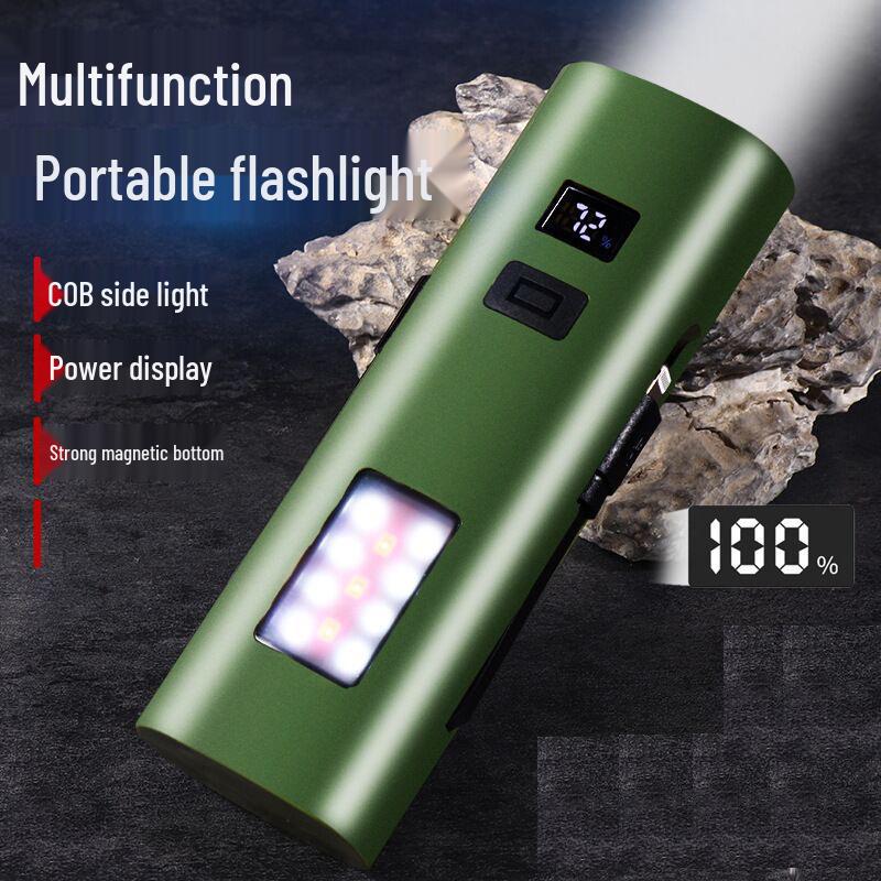 Ultra Bright Multifunctional Flashlight & Power Bank with Side Warning Light, Digital Display, and Bicycle Light