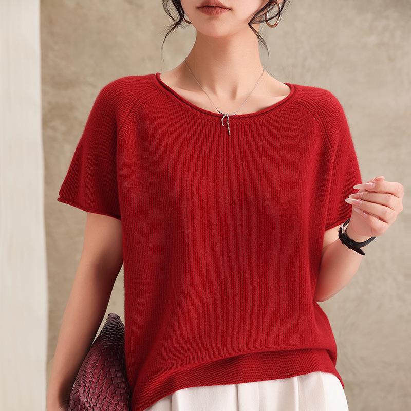 2026 Spring Women's Cashmere Wool Blend Rolled Collar Knit Half Sleeve Top