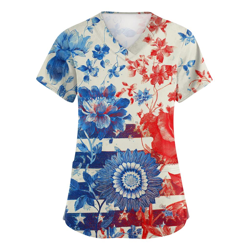 Women's Fashionable V-Neck Short-Sleeved Work Top With Pockets And Independence Day Print  Uniform