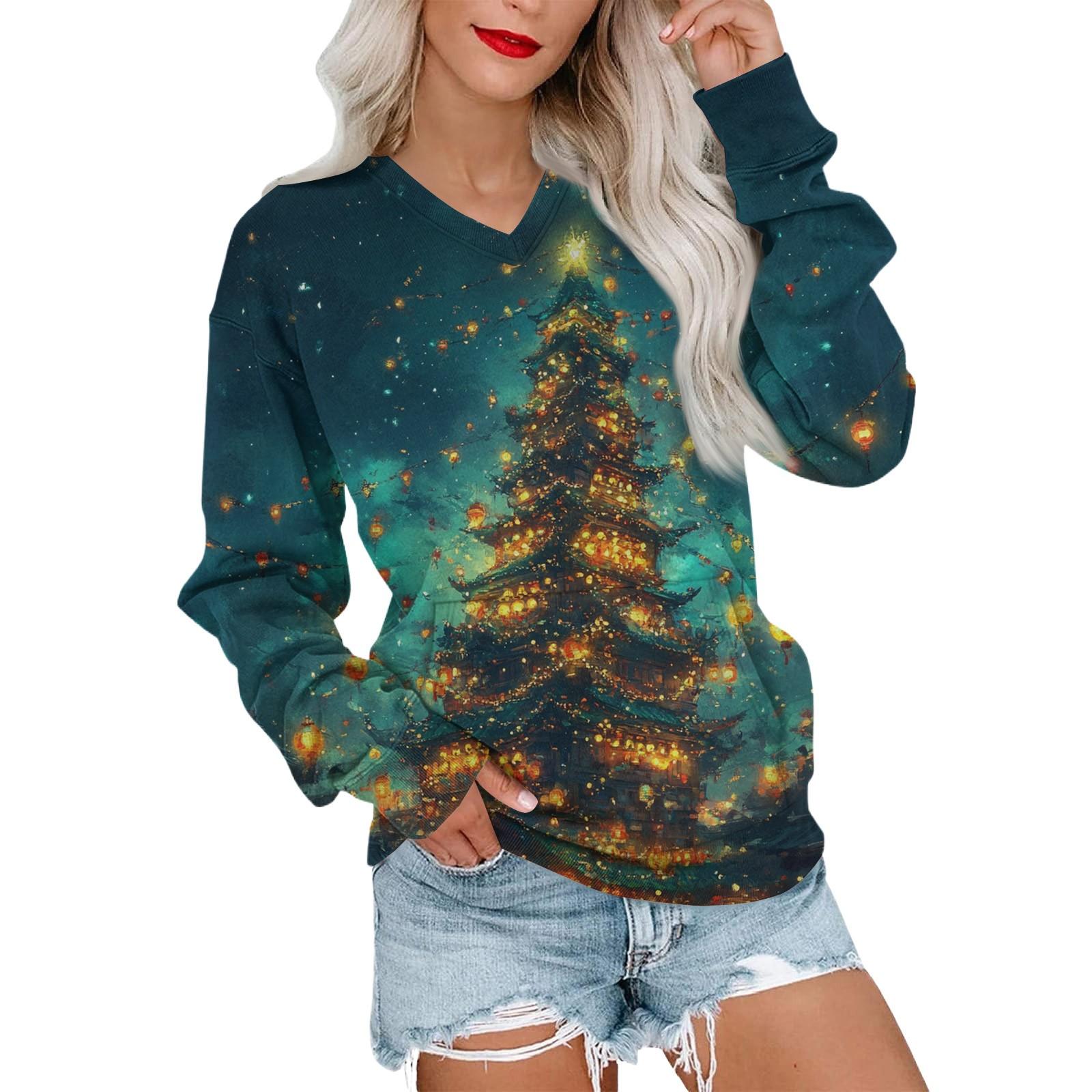 

Женская рождественская толстовка с V-образным вырезом, длинный рукав, повседневный легкий пуловер XXL