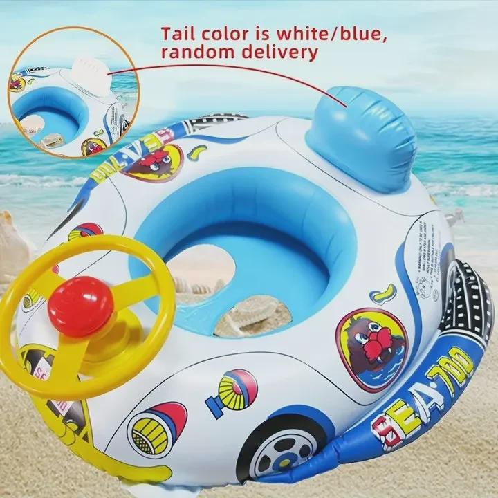 Cartoon Inflatable Swimming Ring Car with Horn & Steering Wheel for Ages 1-3