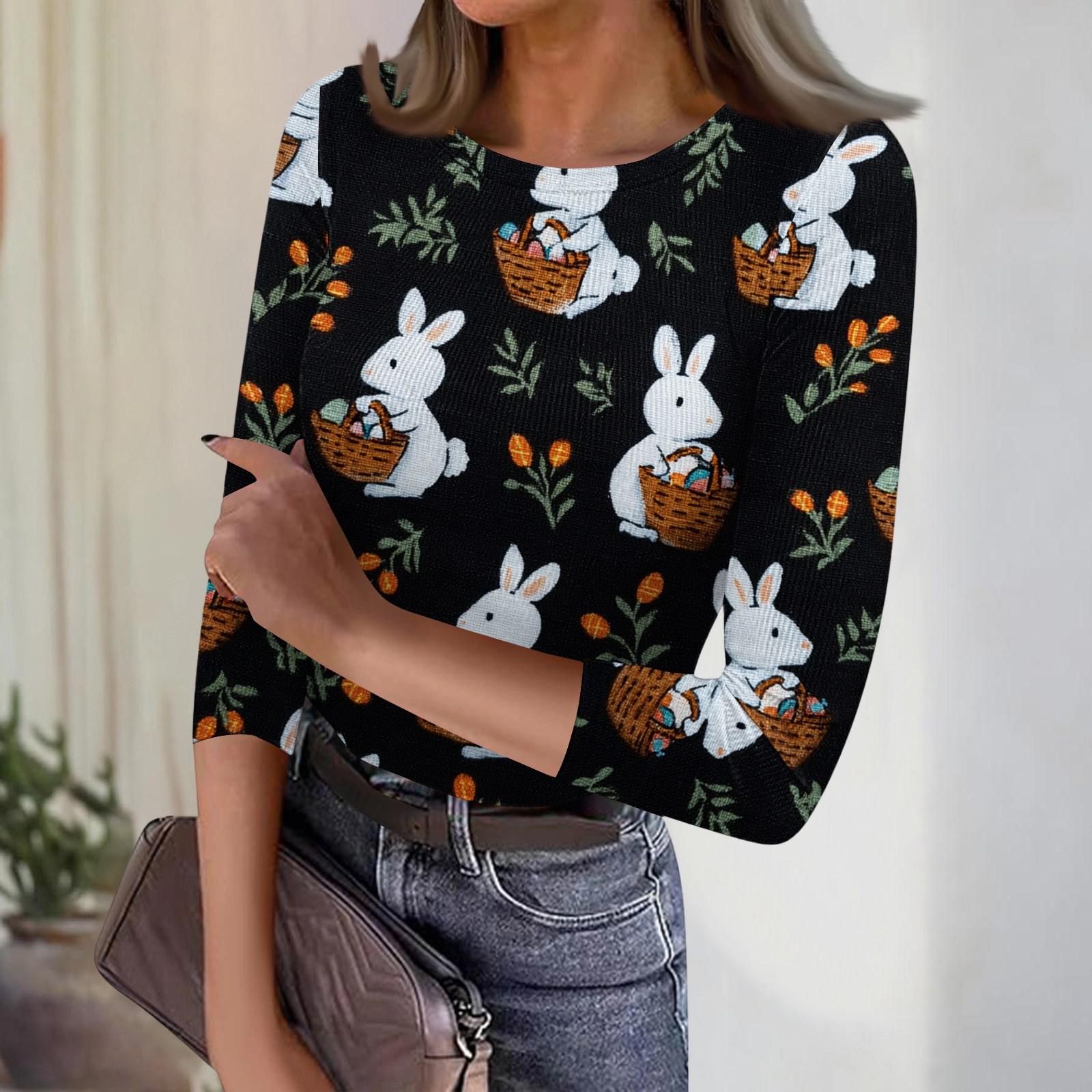 Women s Casual Fashion Round Neck Easter Print Three-Quarter Sleeve Ribbed Top L