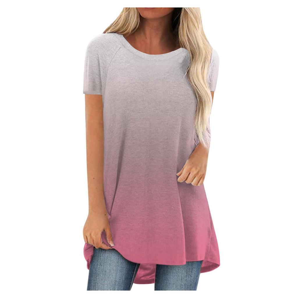 Gradient Color 3D Print Long T-Shirts Women Casual Streetwear Oversized O-Neck Short Sleeve T Shirt Y2K Tops Tees Woman Clothing