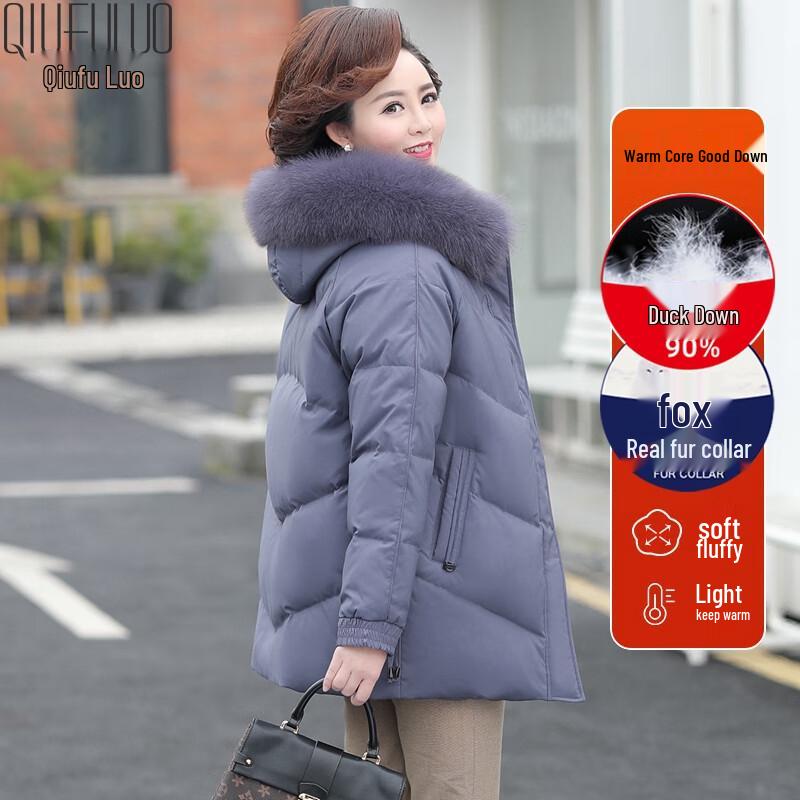 Autumn Flora Women's Mid-Length Down Jacket with Real Fox Fur Trim