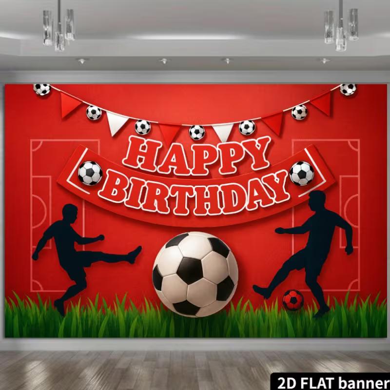 2D Soccer Party Backdrop - Red Grass Football Banner for Kids Sports Birthday Photoshoot
