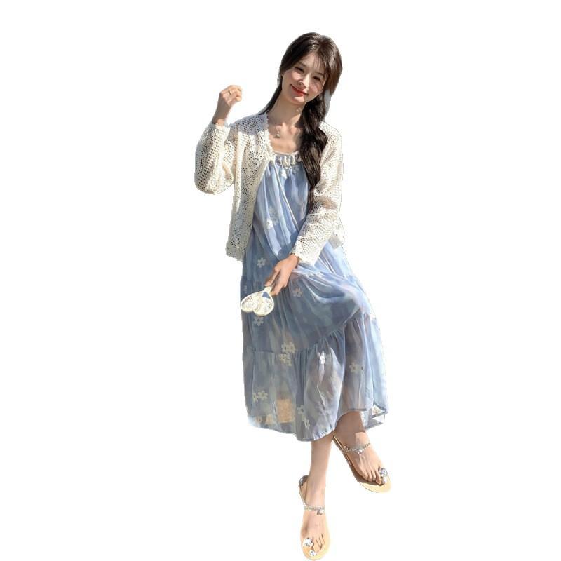 Popular beautiful suit skirt vacation style suspender dress two-piece set fringed hollow long dress suspender skirt