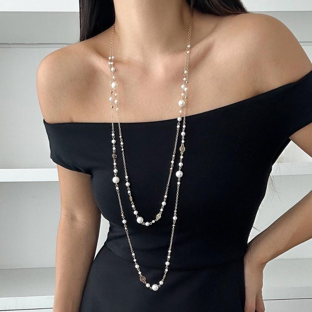 2Pcs/Set Pearl Design Long Chain Necklace Double Layers Layered Necklace  Personalized Trend
