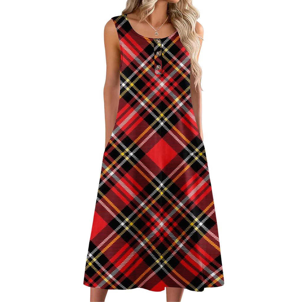 Women's Fashion Casual Sleeveless Button Plaid Print Dress with Pocket