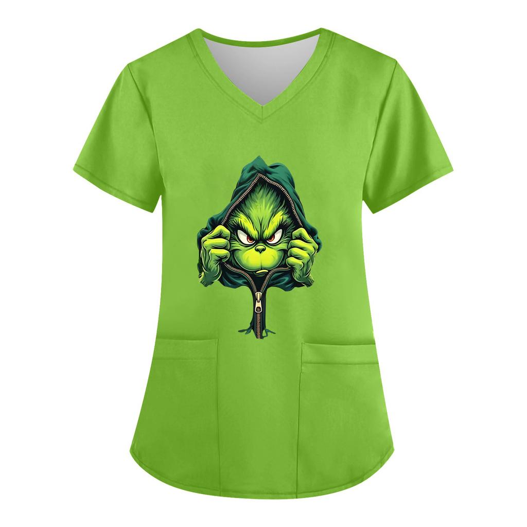 Women's V-neck Christmas Print Short-sleeved Pocket Side Slit Uniform Top